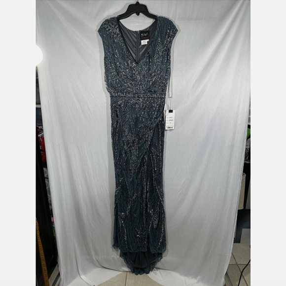 NWT $598 Mac Duggal [ 12 ] Intricate Beaded V-Neck High Slit Gown Charcoal #Q565 - Picture 5 of 16